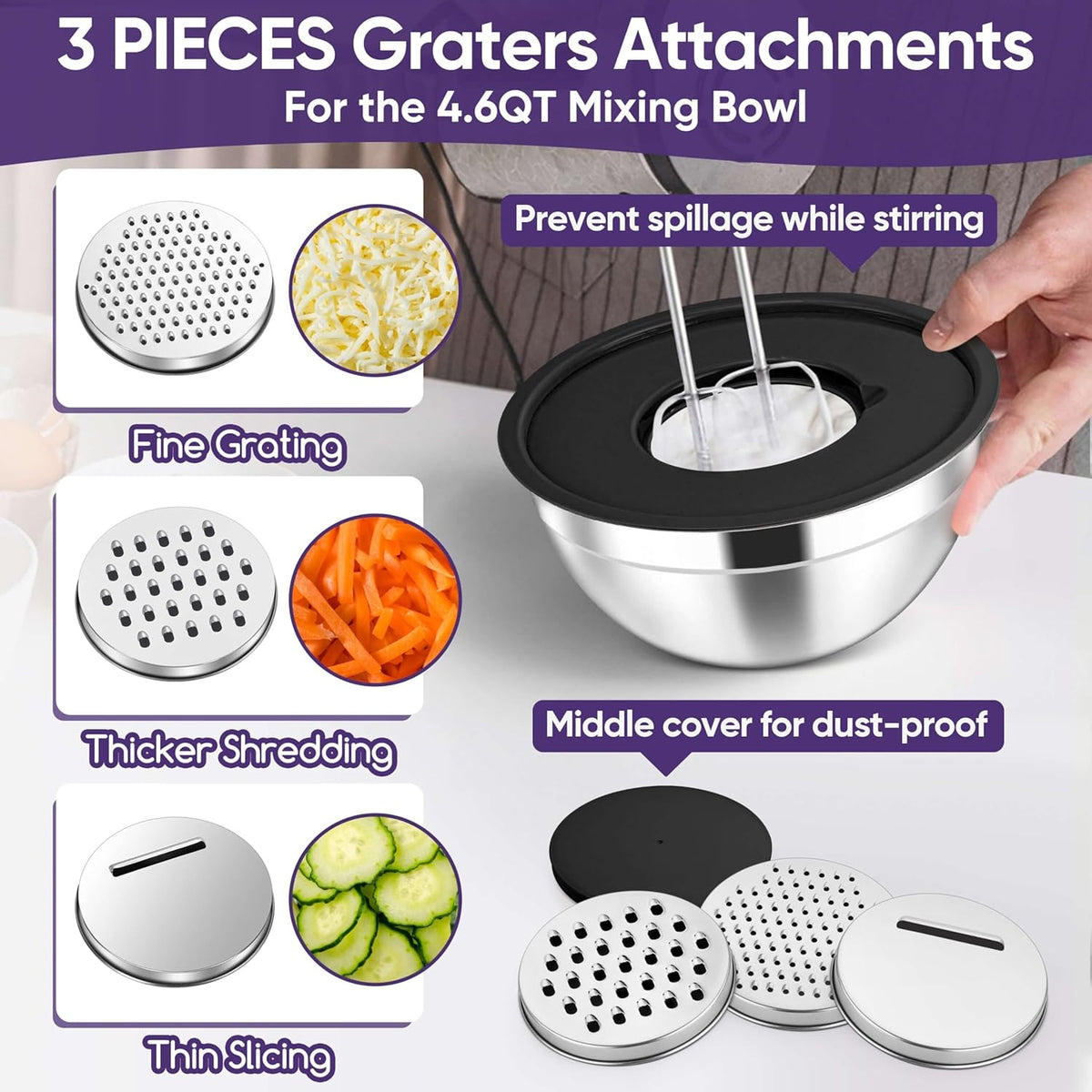 5-Piece Mixing Bowls with Airtight Clear Lids, 3 Grater Attachments, Stainless Steel Salad Bowls for Kitchen, Size 4.6, 3.5, 2.5, 2, 1.5QT Ideal for Baking, Prepping and Serving, Khaki