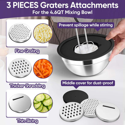 5-Piece Mixing Bowls with Airtight Clear Lids, 3 Grater Attachments, Stainless Steel Salad Bowls for Kitchen, Size 4.6, 3.5, 2.5, 2, 1.5QT Ideal for Baking, Prepping and Serving, Khaki