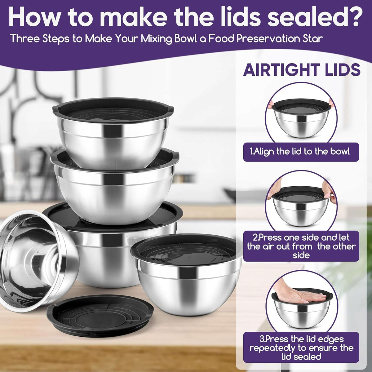 5-Piece Mixing Bowls with Airtight Clear Lids, 3 Grater Attachments, Stainless Steel Salad Bowls for Kitchen, Size 4.6, 3.5, 2.5, 2, 1.5QT Ideal for Baking, Prepping and Serving, Khaki