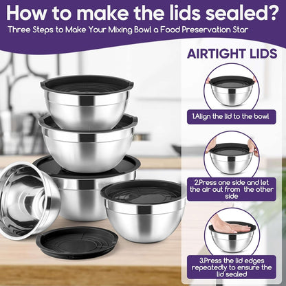 5-Piece Mixing Bowls with Airtight Clear Lids, 3 Grater Attachments, Stainless Steel Salad Bowls for Kitchen, Size 4.6, 3.5, 2.5, 2, 1.5QT Ideal for Baking, Prepping and Serving, Khaki