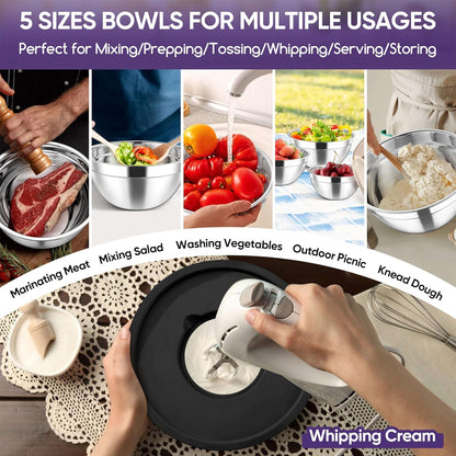 5-Piece Mixing Bowls with Airtight Clear Lids, 3 Grater Attachments, Stainless Steel Salad Bowls for Kitchen, Size 4.6, 3.5, 2.5, 2, 1.5QT Ideal for Baking, Prepping and Serving, Khaki