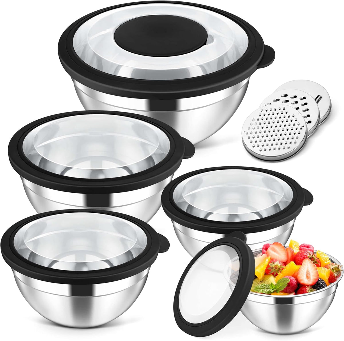 5-Piece Mixing Bowls with Airtight Clear Lids, 3 Grater Attachments, Stainless Steel Salad Bowls for Kitchen, Size 4.6, 3.5, 2.5, 2, 1.5QT Ideal for Baking, Prepping and Serving, Khaki