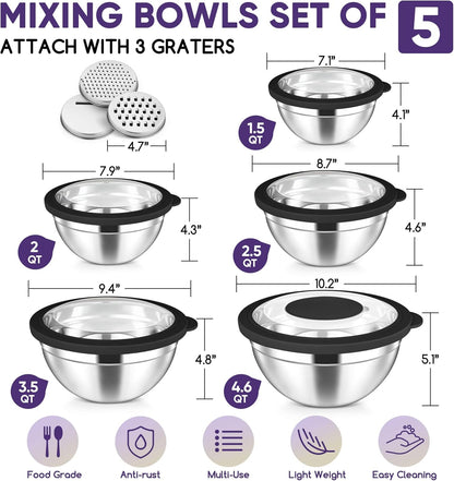 5-Piece Mixing Bowls with Airtight Clear Lids, 3 Grater Attachments, Stainless Steel Salad Bowls for Kitchen, Size 4.6, 3.5, 2.5, 2, 1.5QT Ideal for Baking, Prepping and Serving, Khaki