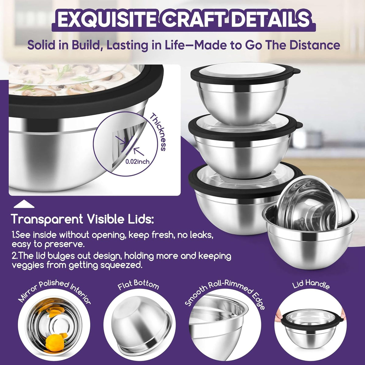 5-Piece Mixing Bowls with Airtight Clear Lids, 3 Grater Attachments, Stainless Steel Salad Bowls for Kitchen, Size 4.6, 3.5, 2.5, 2, 1.5QT Ideal for Baking, Prepping and Serving, Khaki