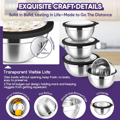 5-Piece Mixing Bowls with Airtight Clear Lids, 3 Grater Attachments, Stainless Steel Salad Bowls for Kitchen, Size 4.6, 3.5, 2.5, 2, 1.5QT Ideal for Baking, Prepping and Serving, Khaki