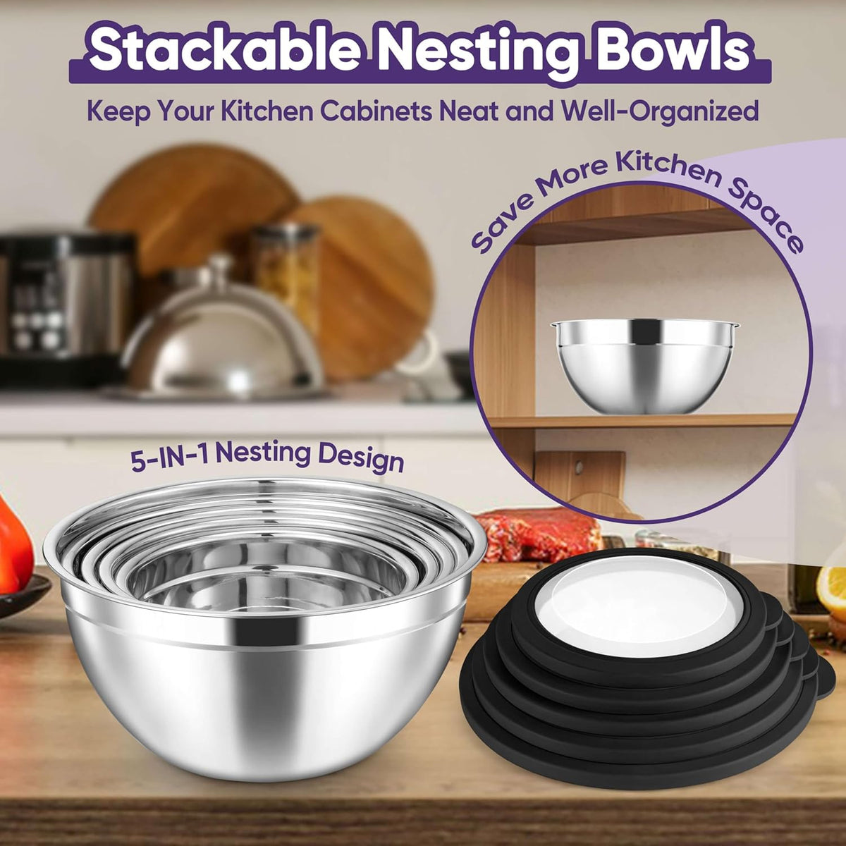 5-Piece Mixing Bowls with Airtight Clear Lids, 3 Grater Attachments, Stainless Steel Salad Bowls for Kitchen, Size 4.6, 3.5, 2.5, 2, 1.5QT Ideal for Baking, Prepping and Serving, Khaki