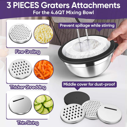 5-Piece Mixing Bowls with Airtight Clear Lids, 3 Grater Attachments, Stainless Steel Salad Bowls for Kitchen, Size 4.6, 3.5, 2.5, 2, 1.5QT Ideal for Baking, Prepping and Serving, Khaki