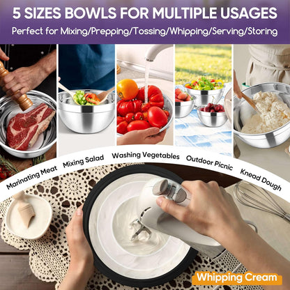 5-Piece Mixing Bowls with Airtight Clear Lids, 3 Grater Attachments, Stainless Steel Salad Bowls for Kitchen, Size 4.6, 3.5, 2.5, 2, 1.5QT Ideal for Baking, Prepping and Serving, Khaki