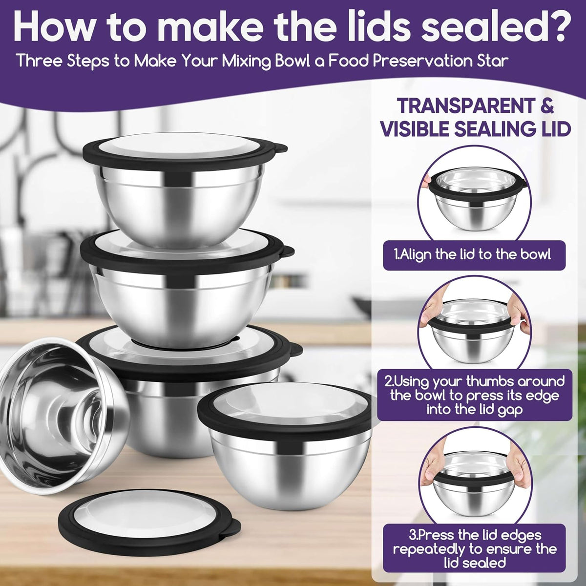 5-Piece Mixing Bowls with Airtight Clear Lids, 3 Grater Attachments, Stainless Steel Salad Bowls for Kitchen, Size 4.6, 3.5, 2.5, 2, 1.5QT Ideal for Baking, Prepping and Serving, Khaki