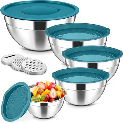 5-Piece Mixing Bowls with Airtight Clear Lids, 3 Grater Attachments, Stainless Steel Salad Bowls for Kitchen, Size 4.6, 3.5, 2.5, 2, 1.5QT Ideal for Baking, Prepping and Serving, Khaki