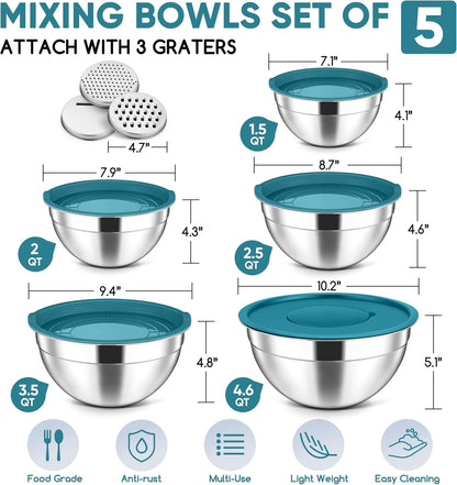 5-Piece Mixing Bowls with Airtight Clear Lids, 3 Grater Attachments, Stainless Steel Salad Bowls for Kitchen, Size 4.6, 3.5, 2.5, 2, 1.5QT Ideal for Baking, Prepping and Serving, Khaki
