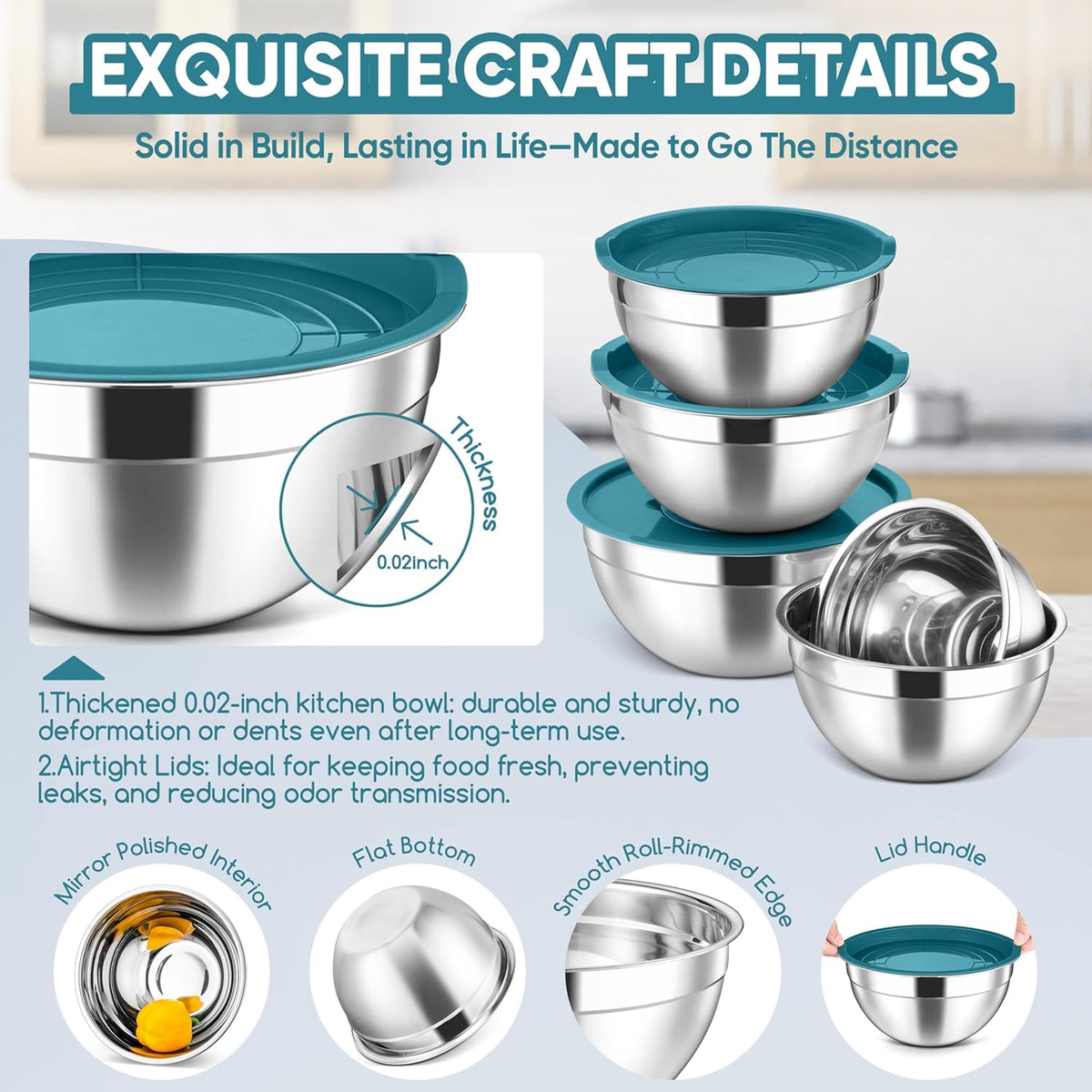5-Piece Mixing Bowls with Airtight Clear Lids, 3 Grater Attachments, Stainless Steel Salad Bowls for Kitchen, Size 4.6, 3.5, 2.5, 2, 1.5QT Ideal for Baking, Prepping and Serving, Khaki