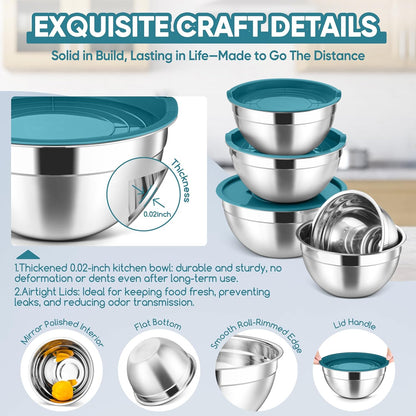 5-Piece Mixing Bowls with Airtight Clear Lids, 3 Grater Attachments, Stainless Steel Salad Bowls for Kitchen, Size 4.6, 3.5, 2.5, 2, 1.5QT Ideal for Baking, Prepping and Serving, Khaki