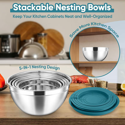 5-Piece Mixing Bowls with Airtight Clear Lids, 3 Grater Attachments, Stainless Steel Salad Bowls for Kitchen, Size 4.6, 3.5, 2.5, 2, 1.5QT Ideal for Baking, Prepping and Serving, Khaki