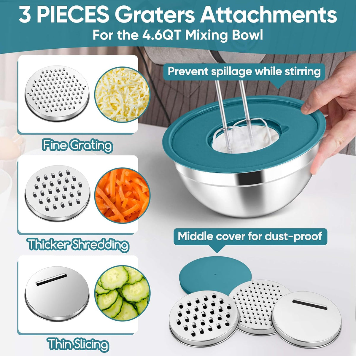 5-Piece Mixing Bowls with Airtight Clear Lids, 3 Grater Attachments, Stainless Steel Salad Bowls for Kitchen, Size 4.6, 3.5, 2.5, 2, 1.5QT Ideal for Baking, Prepping and Serving, Khaki