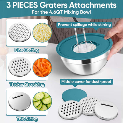 5-Piece Mixing Bowls with Airtight Clear Lids, 3 Grater Attachments, Stainless Steel Salad Bowls for Kitchen, Size 4.6, 3.5, 2.5, 2, 1.5QT Ideal for Baking, Prepping and Serving, Khaki