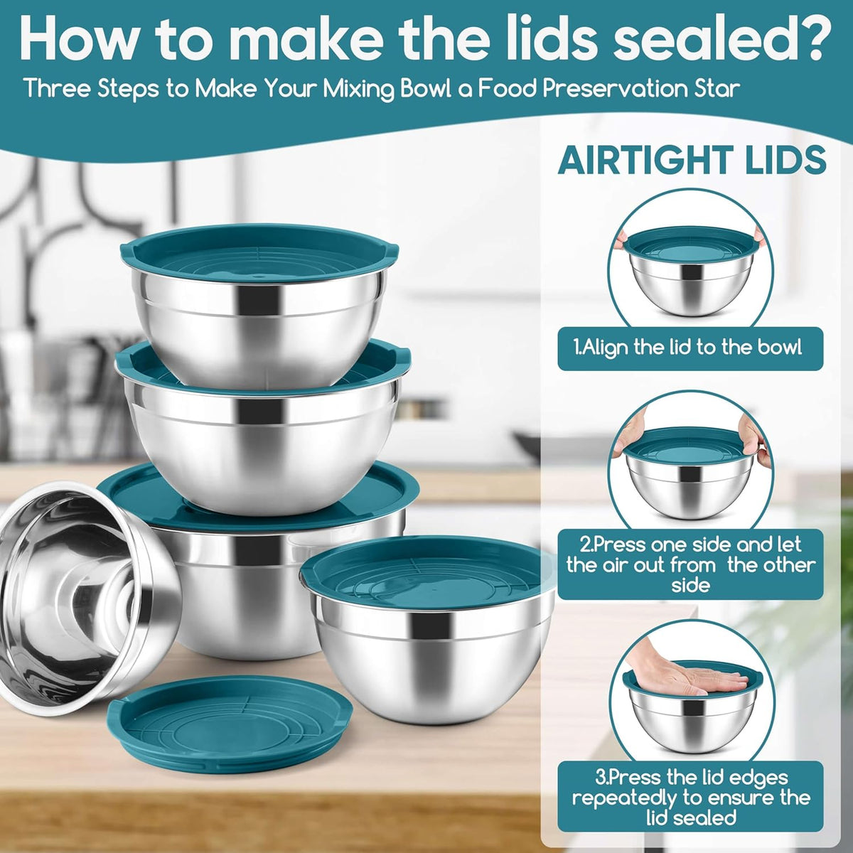 5-Piece Mixing Bowls with Airtight Clear Lids, 3 Grater Attachments, Stainless Steel Salad Bowls for Kitchen, Size 4.6, 3.5, 2.5, 2, 1.5QT Ideal for Baking, Prepping and Serving, Khaki