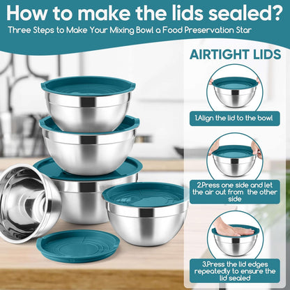 5-Piece Mixing Bowls with Airtight Clear Lids, 3 Grater Attachments, Stainless Steel Salad Bowls for Kitchen, Size 4.6, 3.5, 2.5, 2, 1.5QT Ideal for Baking, Prepping and Serving, Khaki