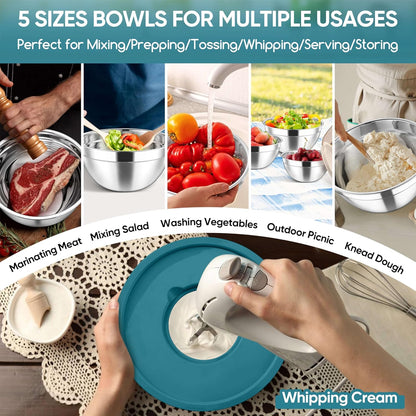 5-Piece Mixing Bowls with Airtight Clear Lids, 3 Grater Attachments, Stainless Steel Salad Bowls for Kitchen, Size 4.6, 3.5, 2.5, 2, 1.5QT Ideal for Baking, Prepping and Serving, Khaki