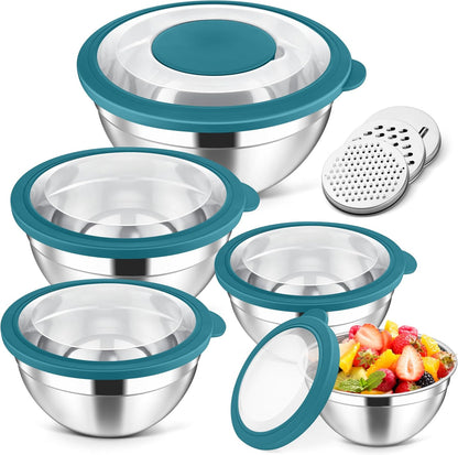 5-Piece Mixing Bowls with Airtight Clear Lids, 3 Grater Attachments, Stainless Steel Salad Bowls for Kitchen, Size 4.6, 3.5, 2.5, 2, 1.5QT Ideal for Baking, Prepping and Serving, Khaki
