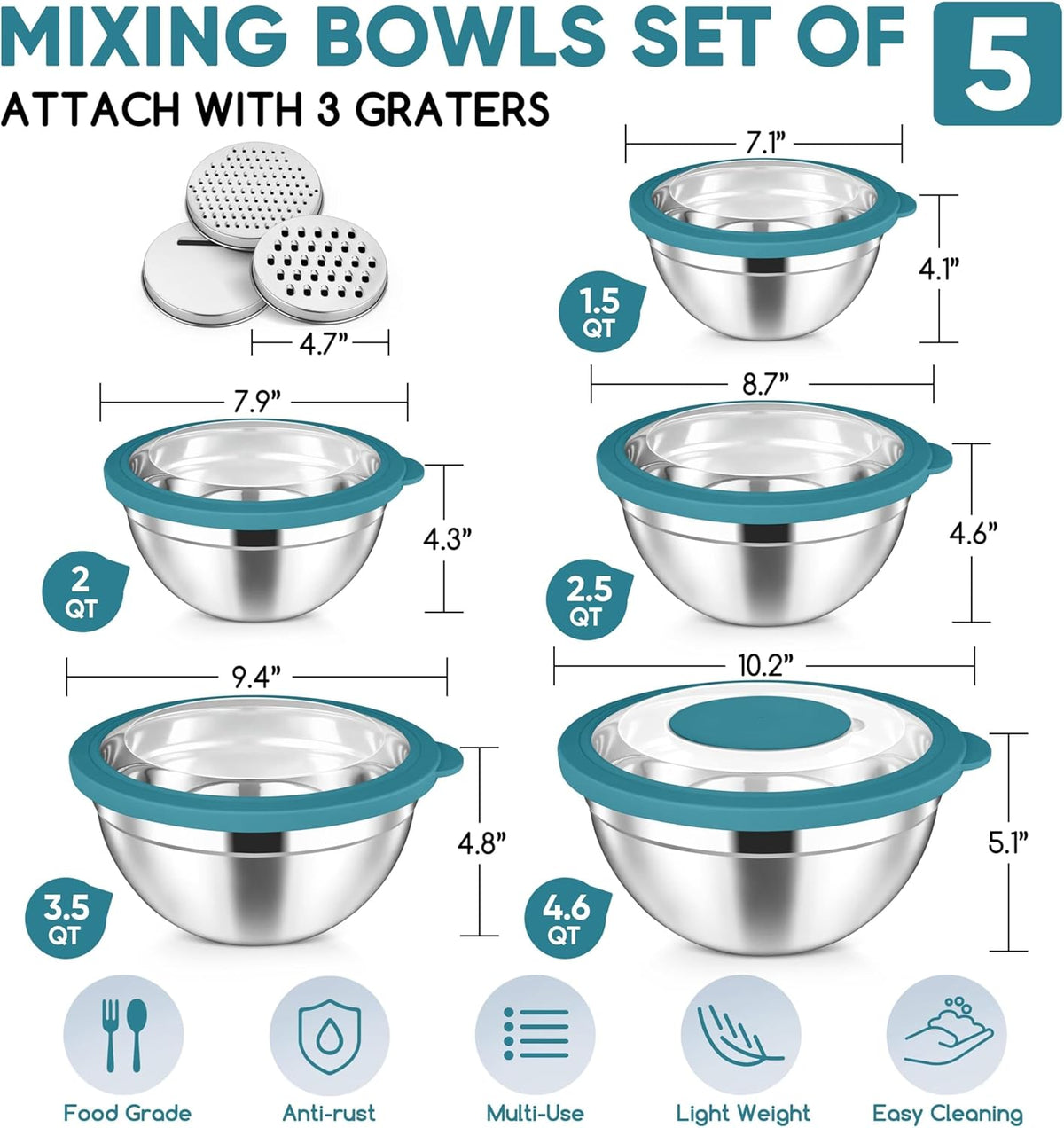 5-Piece Mixing Bowls with Airtight Clear Lids, 3 Grater Attachments, Stainless Steel Salad Bowls for Kitchen, Size 4.6, 3.5, 2.5, 2, 1.5QT Ideal for Baking, Prepping and Serving, Khaki