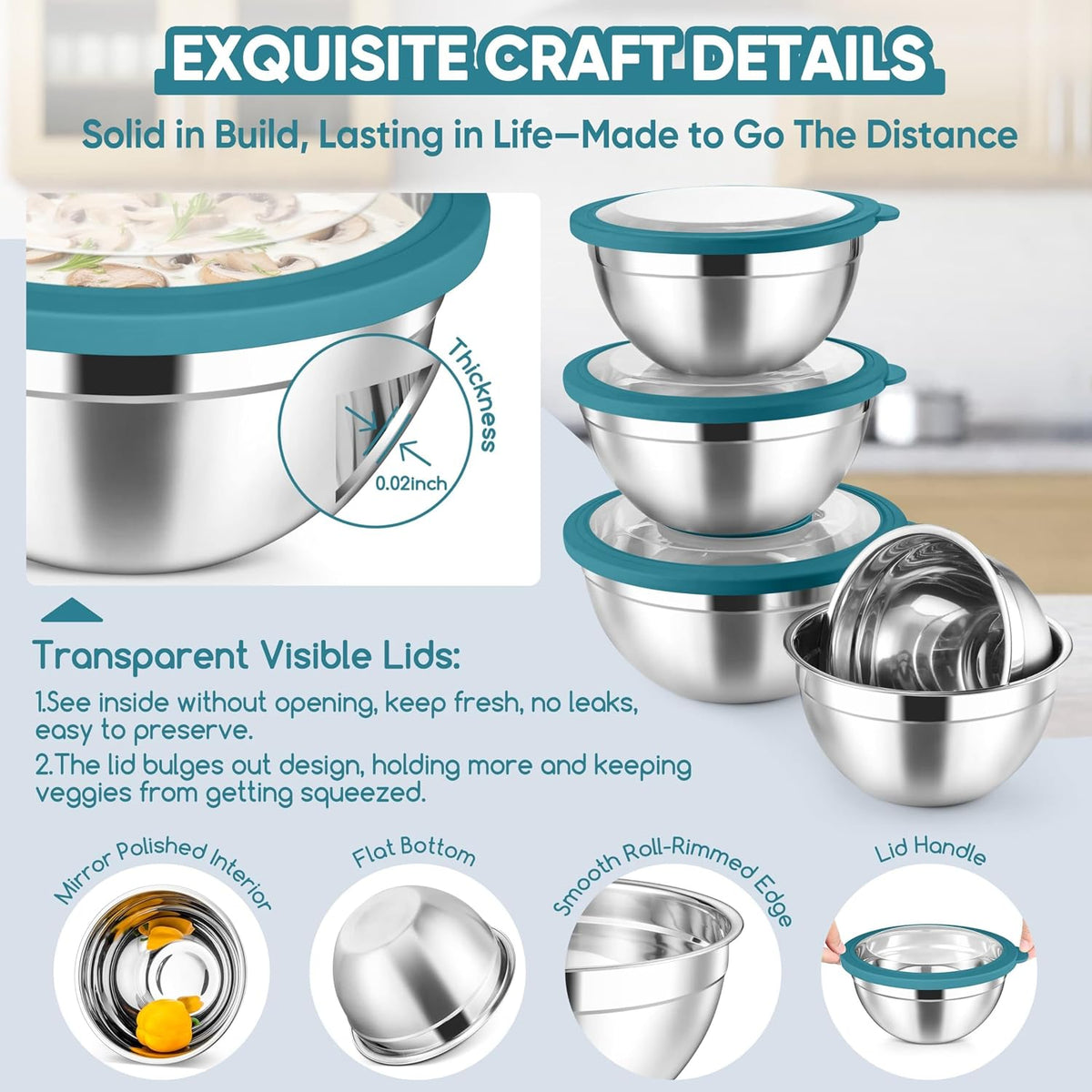 5-Piece Mixing Bowls with Airtight Clear Lids, 3 Grater Attachments, Stainless Steel Salad Bowls for Kitchen, Size 4.6, 3.5, 2.5, 2, 1.5QT Ideal for Baking, Prepping and Serving, Khaki