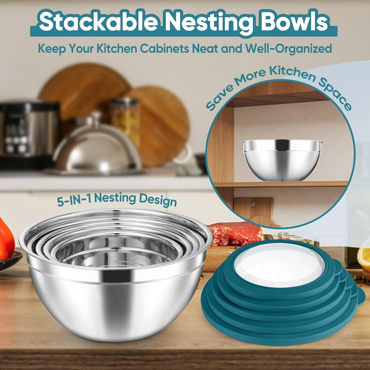 5-Piece Mixing Bowls with Airtight Clear Lids, 3 Grater Attachments, Stainless Steel Salad Bowls for Kitchen, Size 4.6, 3.5, 2.5, 2, 1.5QT Ideal for Baking, Prepping and Serving, Khaki