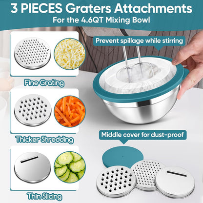 5-Piece Mixing Bowls with Airtight Clear Lids, 3 Grater Attachments, Stainless Steel Salad Bowls for Kitchen, Size 4.6, 3.5, 2.5, 2, 1.5QT Ideal for Baking, Prepping and Serving, Khaki