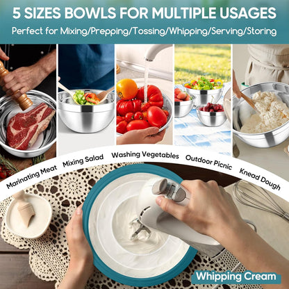 5-Piece Mixing Bowls with Airtight Clear Lids, 3 Grater Attachments, Stainless Steel Salad Bowls for Kitchen, Size 4.6, 3.5, 2.5, 2, 1.5QT Ideal for Baking, Prepping and Serving, Khaki