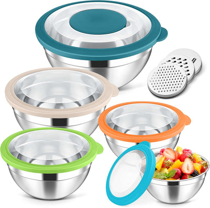 5-Piece Mixing Bowls with Airtight Clear Lids, 3 Grater Attachments, Stainless Steel Salad Bowls for Kitchen, Size 4.6, 3.5, 2.5, 2, 1.5QT Ideal for Baking, Prepping and Serving, Khaki