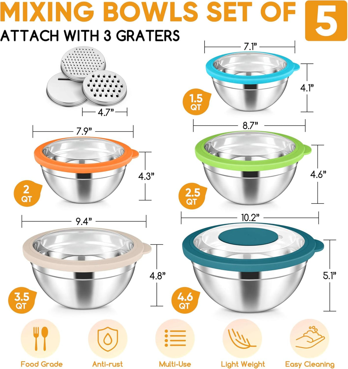 5-Piece Mixing Bowls with Airtight Clear Lids, 3 Grater Attachments, Stainless Steel Salad Bowls for Kitchen, Size 4.6, 3.5, 2.5, 2, 1.5QT Ideal for Baking, Prepping and Serving, Khaki