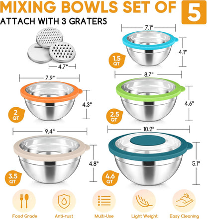 5-Piece Mixing Bowls with Airtight Clear Lids, 3 Grater Attachments, Stainless Steel Salad Bowls for Kitchen, Size 4.6, 3.5, 2.5, 2, 1.5QT Ideal for Baking, Prepping and Serving, Khaki