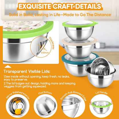 5-Piece Mixing Bowls with Airtight Clear Lids, 3 Grater Attachments, Stainless Steel Salad Bowls for Kitchen, Size 4.6, 3.5, 2.5, 2, 1.5QT Ideal for Baking, Prepping and Serving, Khaki