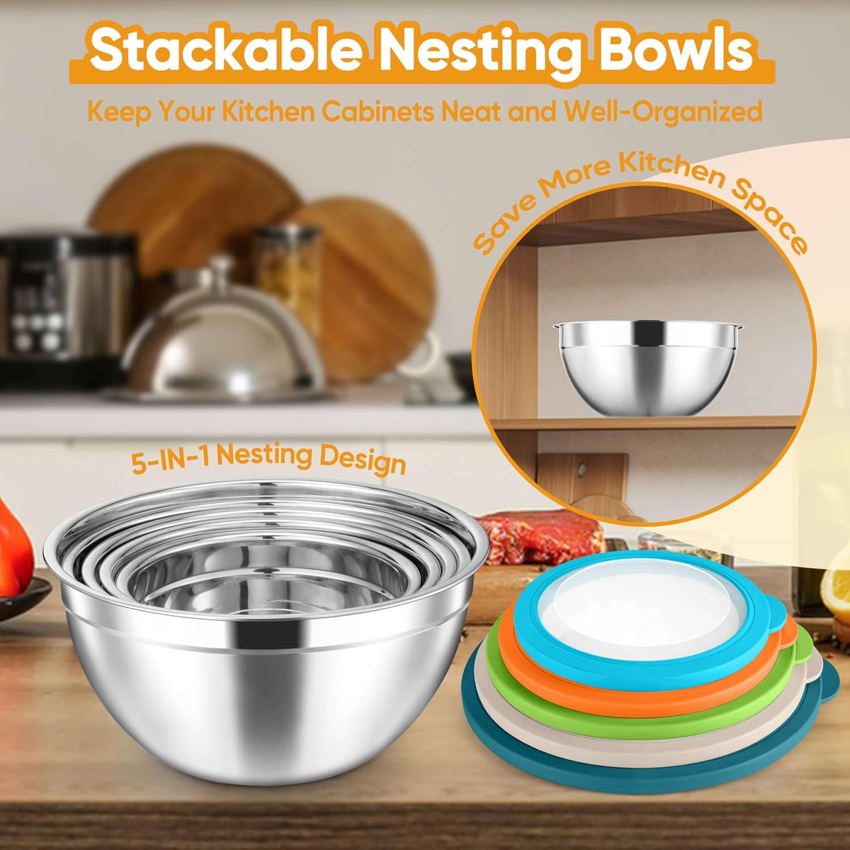 5-Piece Mixing Bowls with Airtight Clear Lids, 3 Grater Attachments, Stainless Steel Salad Bowls for Kitchen, Size 4.6, 3.5, 2.5, 2, 1.5QT Ideal for Baking, Prepping and Serving, Khaki