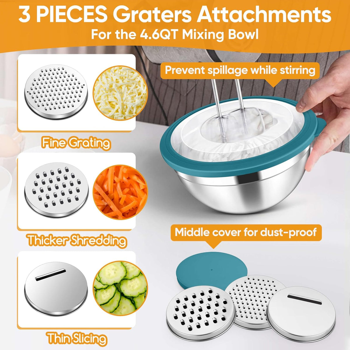 5-Piece Mixing Bowls with Airtight Clear Lids, 3 Grater Attachments, Stainless Steel Salad Bowls for Kitchen, Size 4.6, 3.5, 2.5, 2, 1.5QT Ideal for Baking, Prepping and Serving, Khaki