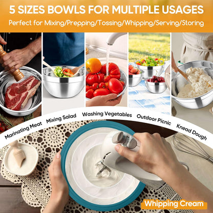 5-Piece Mixing Bowls with Airtight Clear Lids, 3 Grater Attachments, Stainless Steel Salad Bowls for Kitchen, Size 4.6, 3.5, 2.5, 2, 1.5QT Ideal for Baking, Prepping and Serving, Khaki