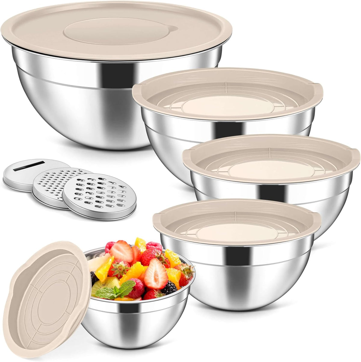 5-Piece Mixing Bowls with Airtight Clear Lids, 3 Grater Attachments, Stainless Steel Salad Bowls for Kitchen, Size 4.6, 3.5, 2.5, 2, 1.5QT Ideal for Baking, Prepping and Serving, Khaki