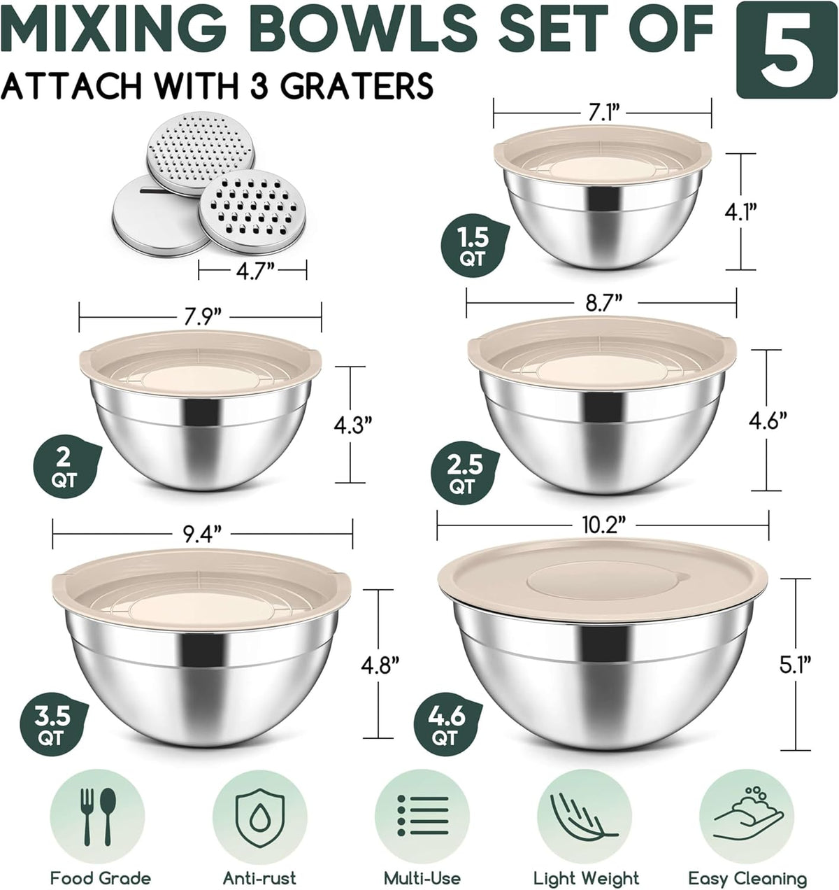 5-Piece Mixing Bowls with Airtight Clear Lids, 3 Grater Attachments, Stainless Steel Salad Bowls for Kitchen, Size 4.6, 3.5, 2.5, 2, 1.5QT Ideal for Baking, Prepping and Serving, Khaki