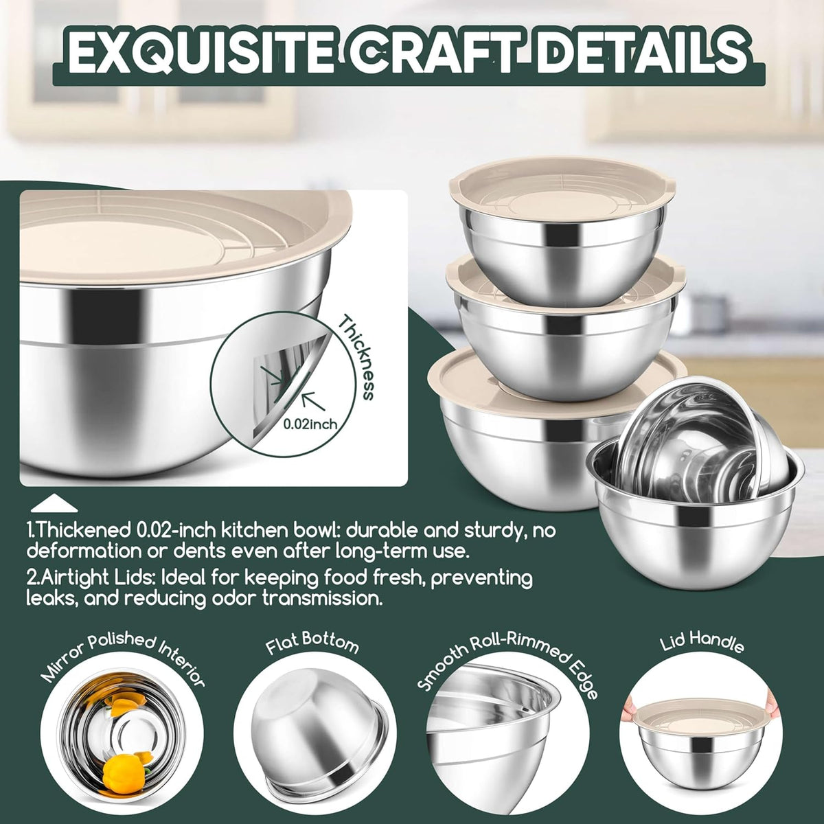 5-Piece Mixing Bowls with Airtight Clear Lids, 3 Grater Attachments, Stainless Steel Salad Bowls for Kitchen, Size 4.6, 3.5, 2.5, 2, 1.5QT Ideal for Baking, Prepping and Serving, Khaki
