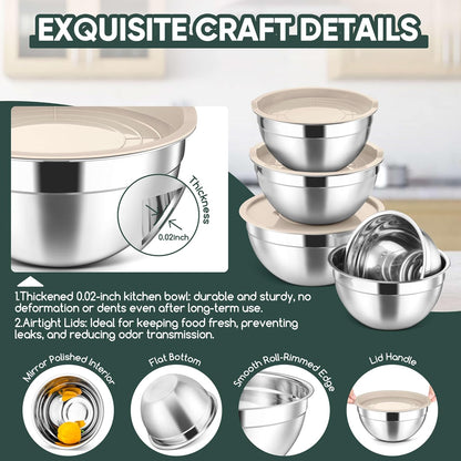 5-Piece Mixing Bowls with Airtight Clear Lids, 3 Grater Attachments, Stainless Steel Salad Bowls for Kitchen, Size 4.6, 3.5, 2.5, 2, 1.5QT Ideal for Baking, Prepping and Serving, Khaki