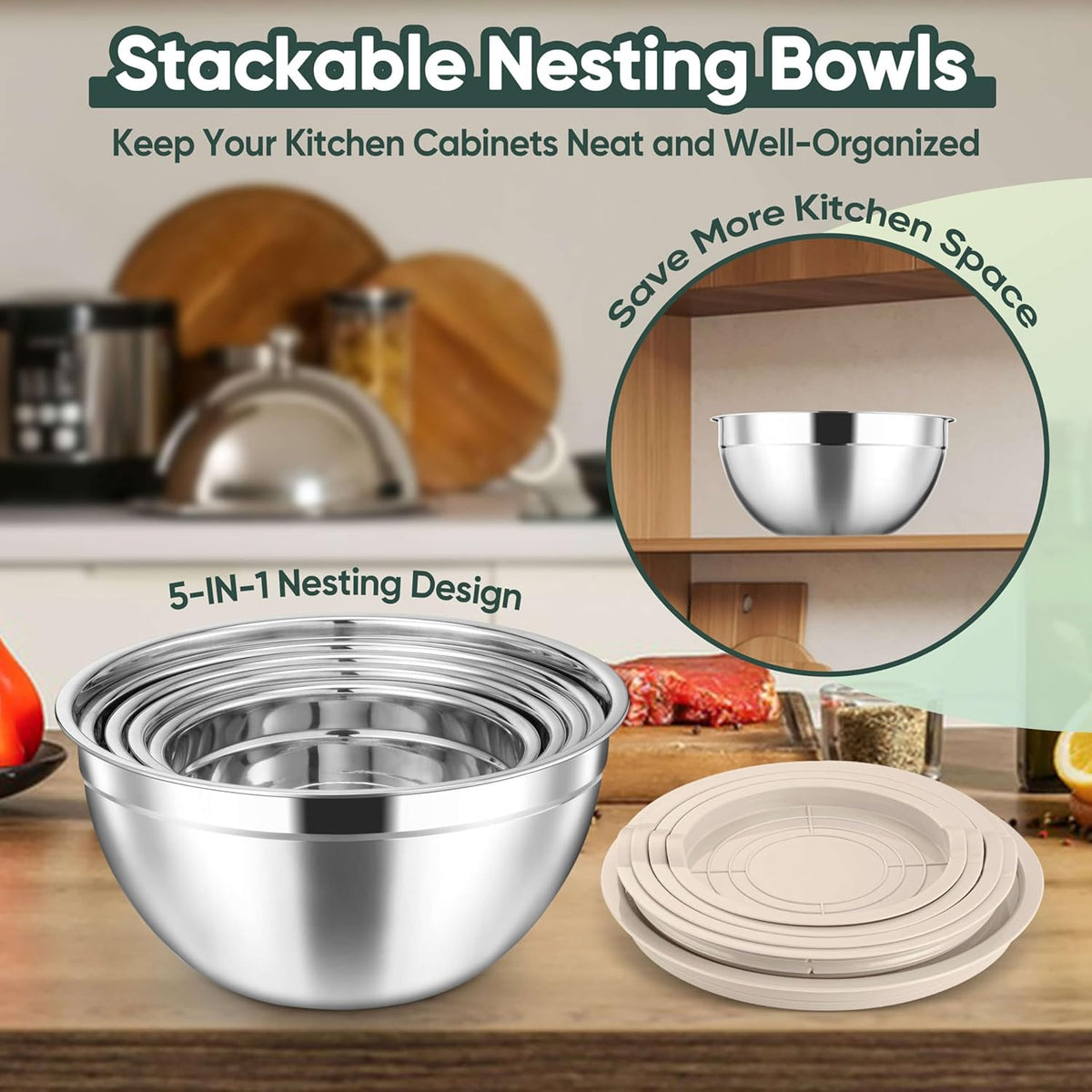 5-Piece Mixing Bowls with Airtight Clear Lids, 3 Grater Attachments, Stainless Steel Salad Bowls for Kitchen, Size 4.6, 3.5, 2.5, 2, 1.5QT Ideal for Baking, Prepping and Serving, Khaki