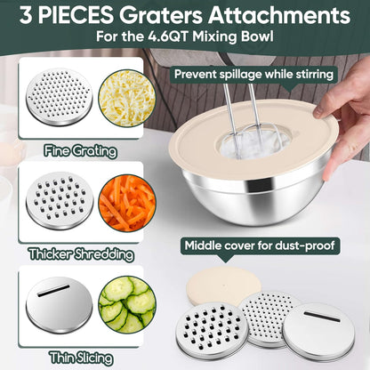 5-Piece Mixing Bowls with Airtight Clear Lids, 3 Grater Attachments, Stainless Steel Salad Bowls for Kitchen, Size 4.6, 3.5, 2.5, 2, 1.5QT Ideal for Baking, Prepping and Serving, Khaki