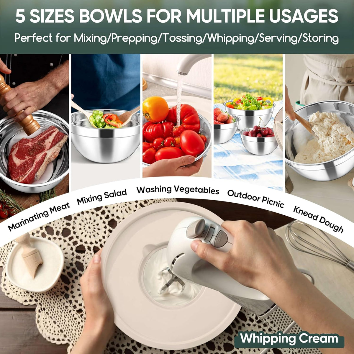 5-Piece Mixing Bowls with Airtight Clear Lids, 3 Grater Attachments, Stainless Steel Salad Bowls for Kitchen, Size 4.6, 3.5, 2.5, 2, 1.5QT Ideal for Baking, Prepping and Serving, Khaki