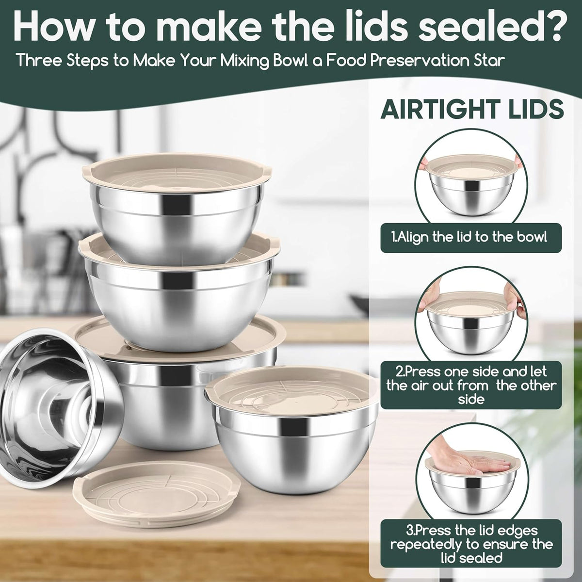 5-Piece Mixing Bowls with Airtight Clear Lids, 3 Grater Attachments, Stainless Steel Salad Bowls for Kitchen, Size 4.6, 3.5, 2.5, 2, 1.5QT Ideal for Baking, Prepping and Serving, Khaki