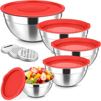 5-Piece Mixing Bowls with Airtight Clear Lids, 3 Grater Attachments, Stainless Steel Salad Bowls for Kitchen, Size 4.6, 3.5, 2.5, 2, 1.5QT Ideal for Baking, Prepping and Serving, Khaki