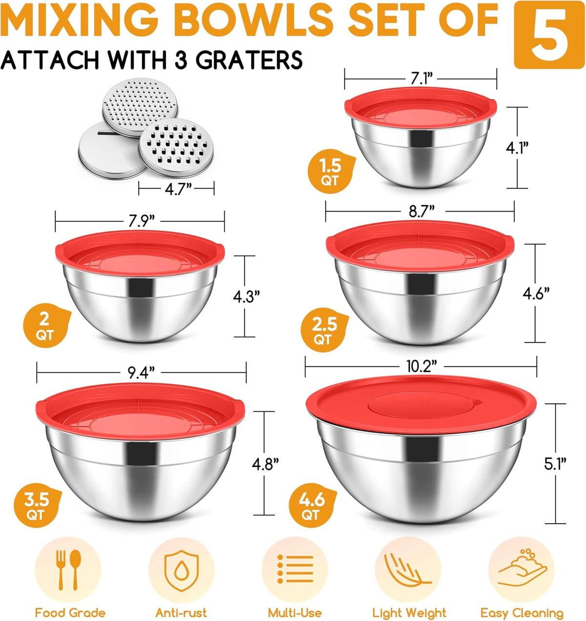 5-Piece Mixing Bowls with Airtight Clear Lids, 3 Grater Attachments, Stainless Steel Salad Bowls for Kitchen, Size 4.6, 3.5, 2.5, 2, 1.5QT Ideal for Baking, Prepping and Serving, Khaki