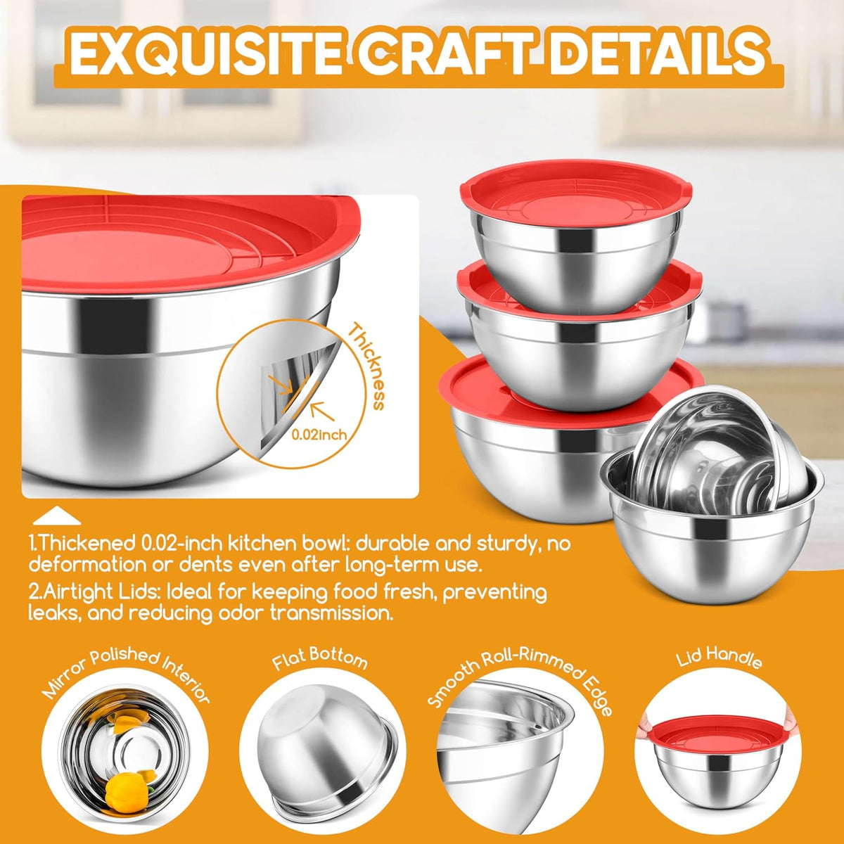 5-Piece Mixing Bowls with Airtight Clear Lids, 3 Grater Attachments, Stainless Steel Salad Bowls for Kitchen, Size 4.6, 3.5, 2.5, 2, 1.5QT Ideal for Baking, Prepping and Serving, Khaki