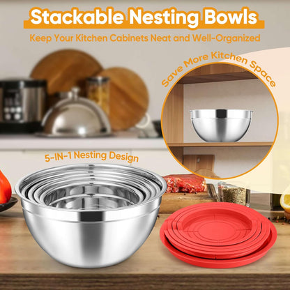 5-Piece Mixing Bowls with Airtight Clear Lids, 3 Grater Attachments, Stainless Steel Salad Bowls for Kitchen, Size 4.6, 3.5, 2.5, 2, 1.5QT Ideal for Baking, Prepping and Serving, Khaki