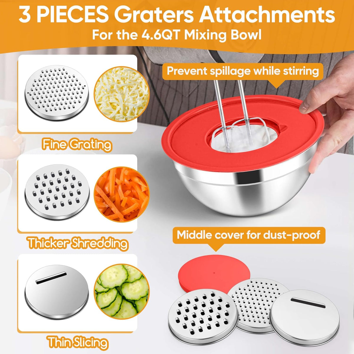 5-Piece Mixing Bowls with Airtight Clear Lids, 3 Grater Attachments, Stainless Steel Salad Bowls for Kitchen, Size 4.6, 3.5, 2.5, 2, 1.5QT Ideal for Baking, Prepping and Serving, Khaki