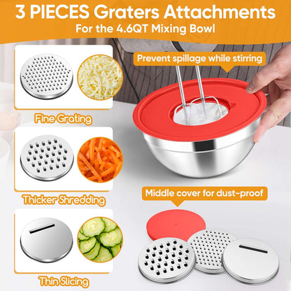 5-Piece Mixing Bowls with Airtight Clear Lids, 3 Grater Attachments, Stainless Steel Salad Bowls for Kitchen, Size 4.6, 3.5, 2.5, 2, 1.5QT Ideal for Baking, Prepping and Serving, Khaki